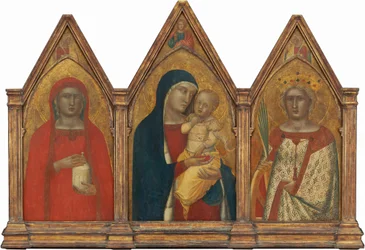 Virgen con el Niño y Cristo bendiciendo, y santas María Magdalena y Catalina de Alejandría con ángeles [tríptico completo], probablemente 1340 (temple sobre tabla transferido a lienzo)