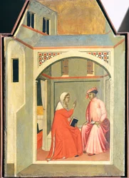 Rosana se separa de su esposo Ugolotto para vivir santamente, azulejo del retablo de la Beata Humildad, por Pietro Lorenzetti