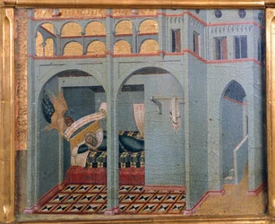 Sobac, el sueño del padre de Elías (detalle) de la predela del Retablo del Carmine por Pietro Lorenzetti
