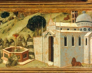 Los primeros ermitaños carmelitas en la fuente de Elías, detalle de la predela del retablo para el Carmine, Pinacoteca Nazionale, Siena