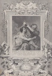 José y la esposa de Potifar, dentro de un marco ornamentado
