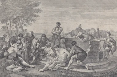 José vendido como esclavo por sus hermanos, que se sientan alrededor de un pozo dividiendo el botín, 1730-39