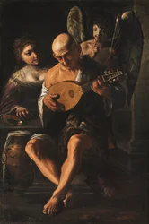 Un anciano toca la guitarra acompañado de una mujer y un putto (óleo sobre lienzo)