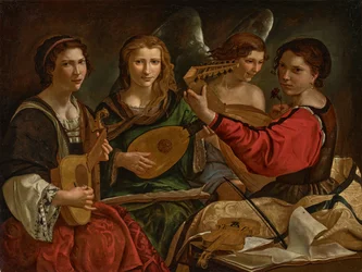 Tocadores de laúd y un ángel (óleo sobre lienzo)