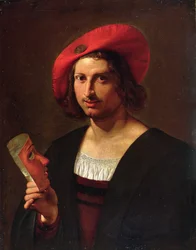 Retrato de un hombre joven con sombrero con insignia, sosteniendo una máscara (óleo sobre lienzo)