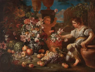 Un niño y un putto entre flores y frutas