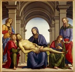 Piedad. Alrededor del cuerpo de Jesucristo: San José de Arimatea, San Nicodemo, Santa María Magdalena, San Juan y la Virgen María. Pintura de Pietro di Cristoforo Vannucci dit Il Perugino