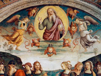 El Señor rodeado de profecías y sibilas (detalle) representando al Señor Todopoderoso. Fresco de Pietro Vannucci dit Il Perugino (1448-1523) 1500. Perugia, Collegio del Cambio