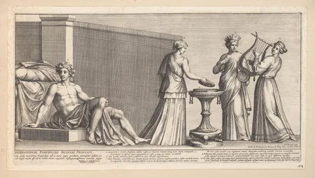 Boda aldobrandiniana (parte derecha) Nova nupta in geniali thalamo (título sobre objeto)