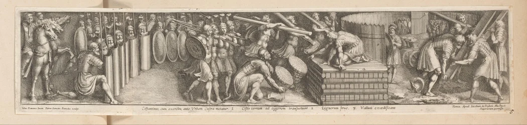 Los soldados montan un campamento Constantinus, cum exercitu, ante Urbem Castra metatur (título sobre el objeto) Historia del emperador Constantino (título de la serie)