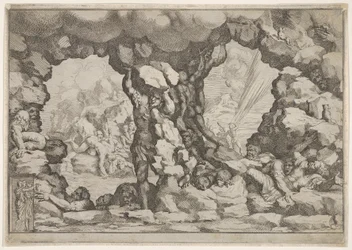 Un gigante levantando una roca en el centro, otros gigantes a la izquierda y derecha luchando, ca. 1680