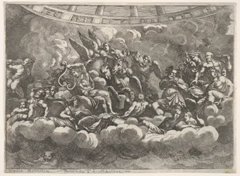 Reunión de varios dioses olímpicos y figuras mitológicas entre nubes, Apolo en el centro, ca. 1680