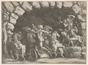 Plutón, visto desde atrás, entrando al inframundo en su carro, Cerbero y tres Furias, ca. 1680