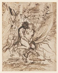 Pan abrazando a Venus observado por Cupido