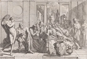 El simposio de Platón: Sócrates y sus compañeros sentados alrededor de una mesa discutiendo sobre el amor ideal