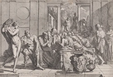 El simposio de Platón: Sócrates y sus compañeros sentados alrededor de una mesa discutiendo sobre el amor ideal