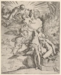 Sacrificio de Isaac: un ángel presiona contra el brazo de Abraham que sostiene el puñal