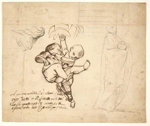 Estudio para dos putti jugando, hojas y una figura drapeada con una urna