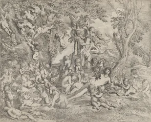 El Jardín de Venus que se reclina en el centro ante un herma de Pan y rodeada..., ca. 1631-37