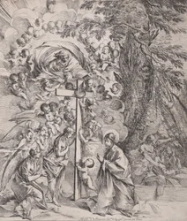 El sueño de San José, que duerme a la derecha, la Virgen y el Niño junto a una cruz