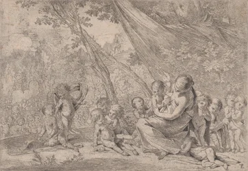 El jardín de la caridad, mujer representando la Caridad a la derecha rodeada de niños, ca. 1631-37