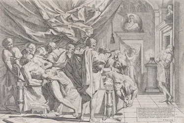 El suicidio del filósofo Cato, que yace en su cama sacándose las entrañas observado por..., 1648