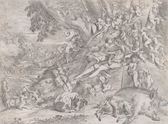 Venus y Adonis, rodeados de muchos putti, reclinados después de la caza, con un jabalí muerto, 1631-37