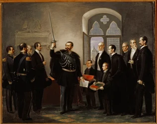 Vittorio Emanuele II de Saboya, en Pistoia, blandiendo la espada del condottiero gibelino Castracani