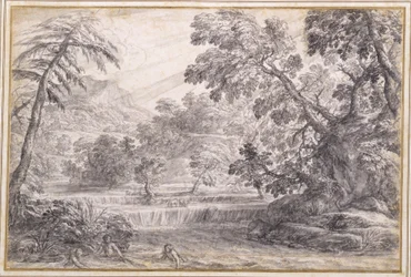A Wooded River Landscape, c.1650 (tiza negra, pincel y tinta gris con aguada gris sobre papel)