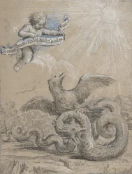 Diseño con un águila luchando con una serpiente y un putto en el cielo sosteniendo..., siglo XVII