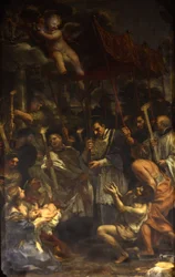San Carlos llevando el Santo Clavo en procesión durante la plaga