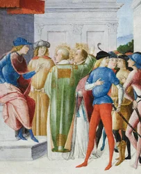 Dos santos profesan su fe cristiana en el juicio, c.1485-90 (temple sobre tabla)