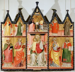Madonna y el Niño con santos políptico, diez paneles separados, 1440