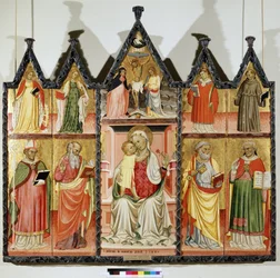 Políptico de la Virgen y el Niño con santos. Arriba a la izquierda: Santa Catalina de Alejandría y Santa María Magdalena. En el centro, alrededor de Cristo en la Cruz con la inscripción "INRI" (I.N.R.I.) . la Virgen María y San Juan. Arriba a la derecha: S