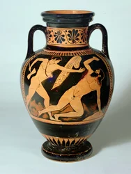 Ánfora de cuello de figuras rojas que representa a Teseo a punto de matar a Procrustes, 480-470 a.C.