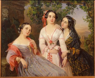 Retratos de las hermanas Condesa Elisabeth Salias de Tournemire (1815-1892), Sofía Sujovo Kobylina (Sujovo-Kobylina) (1825-1867) y Eudokia Petrovo Solovo - Pintura de Pimen Nikitich Orlov (1812-1863), óleo sobre lienzo