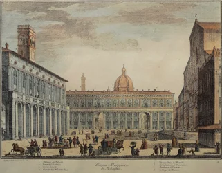 Italia, Bolonia, Piazza Maggiore o Piazza Grande, por Pio Panfili, grabado
