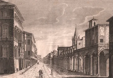 Vista de la Strada Maggiore en Bolonia, Emilia-Romaña, Italia, grabado en cobre de C. Lambertini a partir de un dibujo de Pio Panfili (1723-1812), aproximadamente 13,5 x 19 cm.