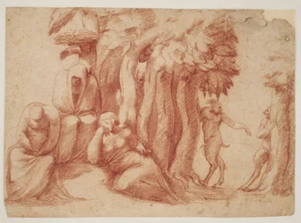 Tres ninfas en un bosque espiadas por tres sátiros