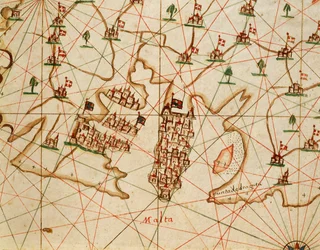 Isla de Malta, del atlas portolano compuesto de seis cartas, por Placido Caloiro y Francesco Oliva, Pergamino. 1646.