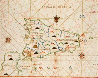 Sicilia del atlas portolano compuesto de seis cartas, por Placido Caloiro y Francesco Oliva, Pergamino. 1646.