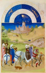 Agosto: Señores caminando por los campos mientras los campesinos cuidan la cosecha y se bañan. Al fondo: el castillo de Etampes. Miniatura en "Las muy ricas horas del Duque de Berry" de Pol De Limburg (siglo XV). Chantilly, Museo Condé