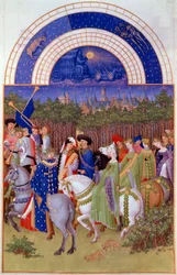 Cortejo de nobles y músicos a caballo, vista del Palacio Ducal de Riom (?) y el mes de mayo. Miniatura flamenca de Pol De Limburg (siglo XV) del manuscrito “Las muy ricas horas del Duque de Berry”
