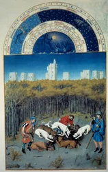 Diciembre: escena de caza. Al fondo vista de Vincennes. Miniatura flamenca de Pol De Limburg (siglo XV) del manuscrito 