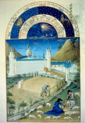 Julio: "El castillo de Poitiers, escena de cosecha y esquila" Miniatura flamenca de Pol De Limburg (siglo XV) del manuscrito "Las muy ricas horas del Duque de Berry"