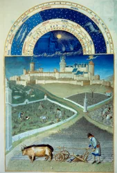 El mes de marzo: el arado. En primer plano, trabajo agrícola, campesinos arando un campo, el tamaño de las viñas, al fondo el castillo de Lusignan