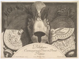 Diversos trofeos de armas después de la fachada del Palazzo Milesi en Roma, 1651. Creadores: Polidoro da Caravaggio, Rene Lochon