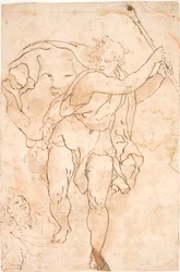 Hombre balanceando una azada. Con capa ondeante, con rasgos faciales sumarios. A sus pies, el torso de un joven.