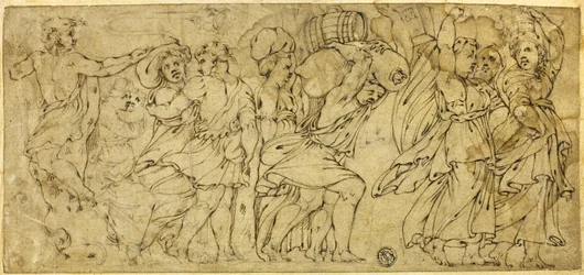 Hombres y mujeres cargando barriles y fardos