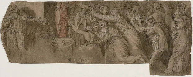 Historia de Níobe: Sacerdotes y adoradores ante una estatua de Níobe